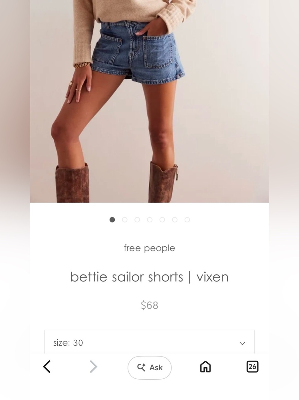 Size 30 Free People 100% Cotton Bettie Sailor Shorts!